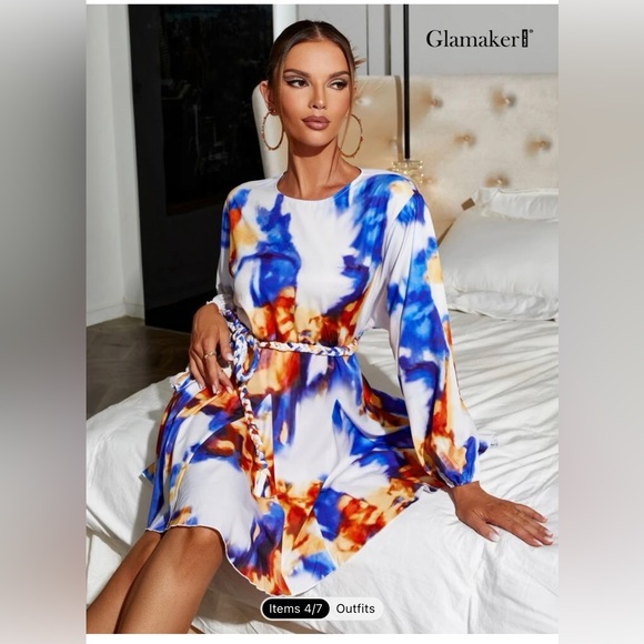 NWT Glamaker Tie Dye Lantern Sleeve Belted Dress size small - Picture 2 of 9